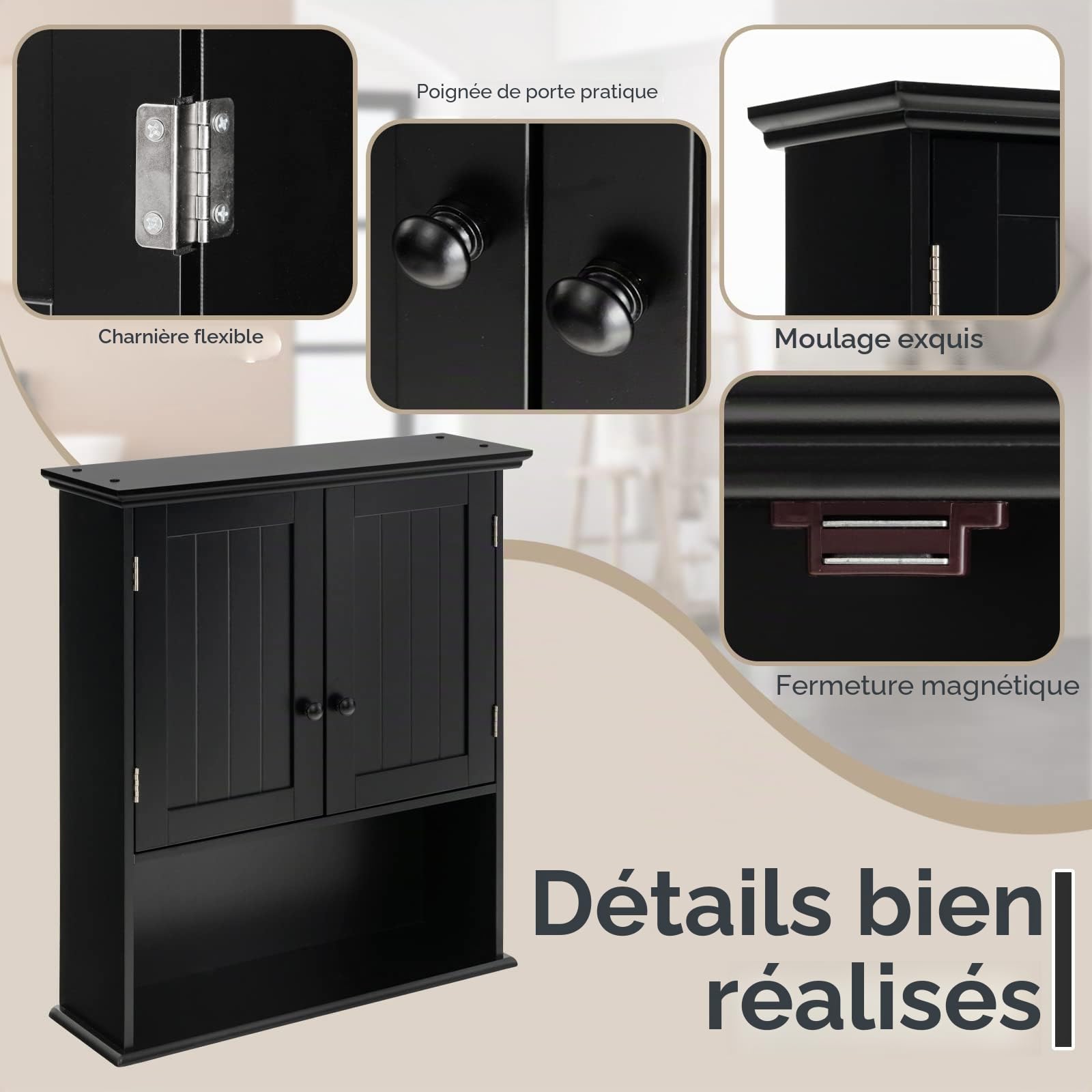 GIANTEX Armoire Salle de Bain Suspendue en Bois, Armoire Murale avec 2 Porte, Étagère Réglable, Compartiment Ouvert, Placard Murale pour Toilette, Cuisine, Entrée, 60 x 20 x 71 CM (Noire)