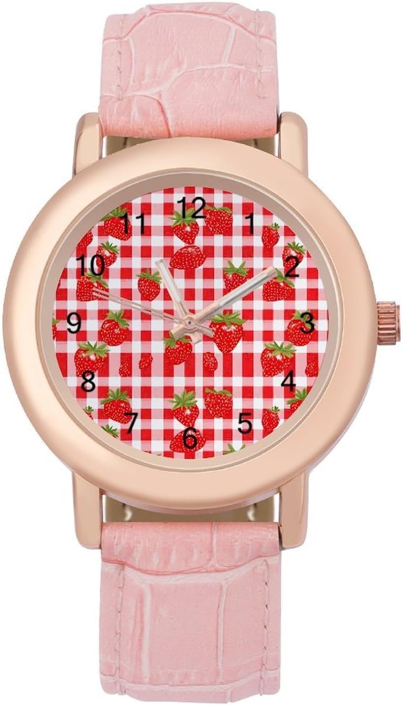 Strawberry Red Checkered Women's Fashion Watch Custom Watch Easy Read for Women with Adjustable Strap