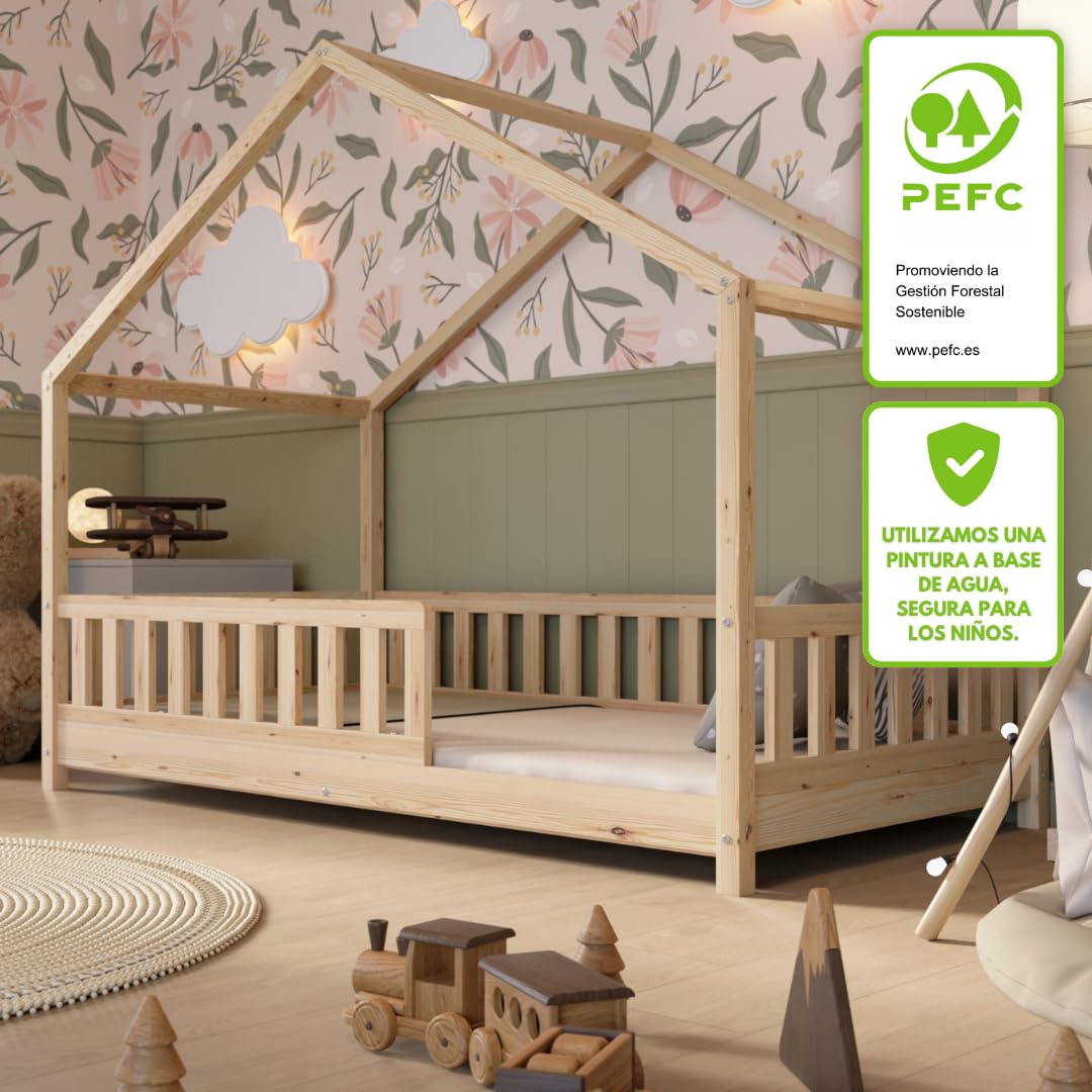 Cama Montessori en Forma de Casa 190x90 cm - Cama Infantil con Protección contra Caídas 31,5cm - Camas Infantiles niños y niñas - Madera Natural