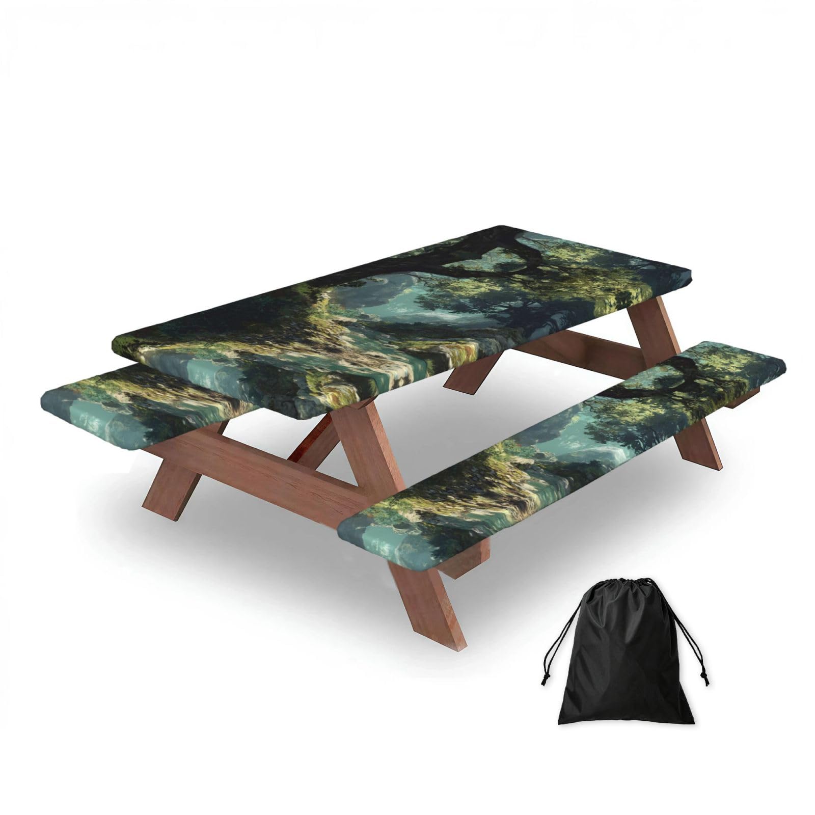 ESNAIUVCD Forest Scenery Print Picnic Table Cover With Bench Covers,Camping Essentials,Fitted Tablecloth Cover With Elastic Edge, For Indoor & Outdoor 3 Pcs