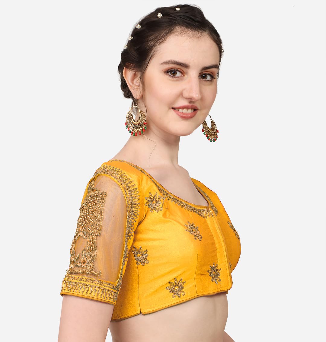Pujia Mills Women's Multicolor Temple Embroidery Net Back Sequence Khatli Work Sleeves Design Phantom Silk Readymade Blouse For Saree And Lehenga Choli