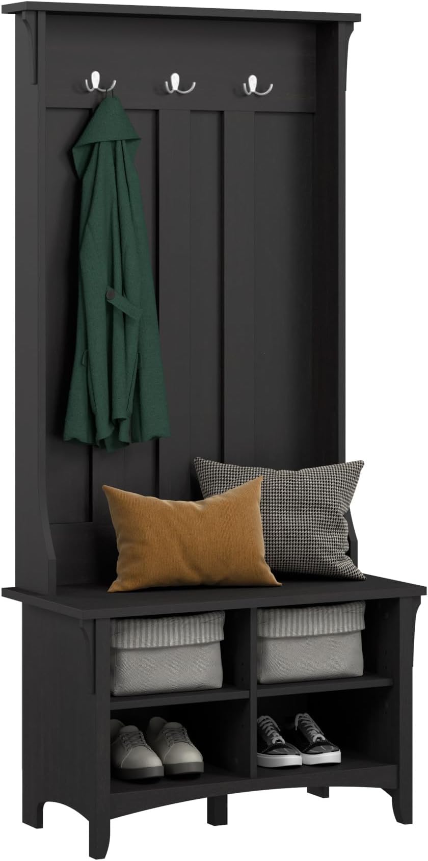 - Salinas Hall Tree with Shoe Storage Bench in Vintage Black, Multi-Purpose Home Organizer, Entryway Solution with Seating and Hooks