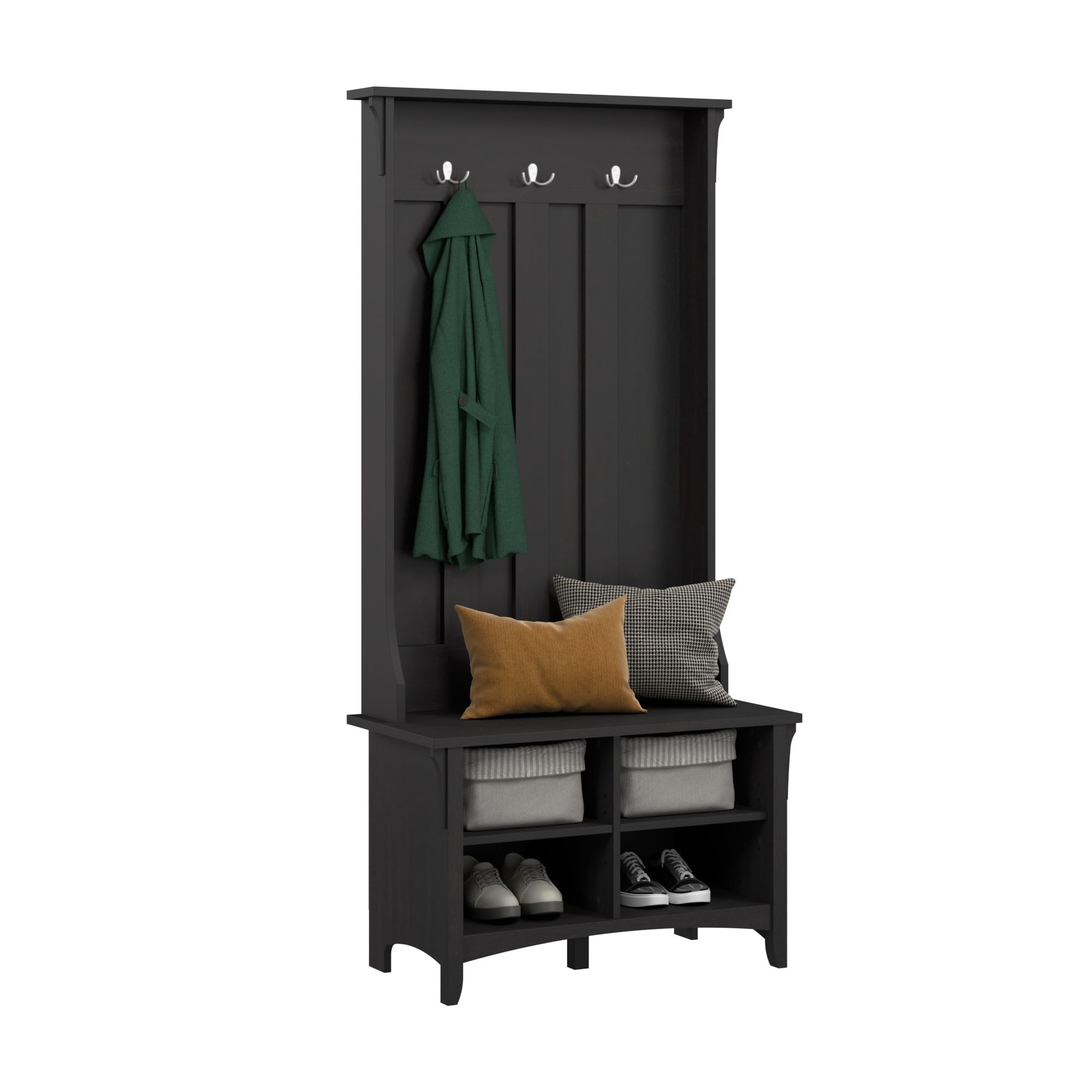 Bush Home Salinas Hall Tree with Shoe Storage Bench in Vintage Black, Multi-Purpose Home Organizer, Entryway Solution with Seating and Hooks