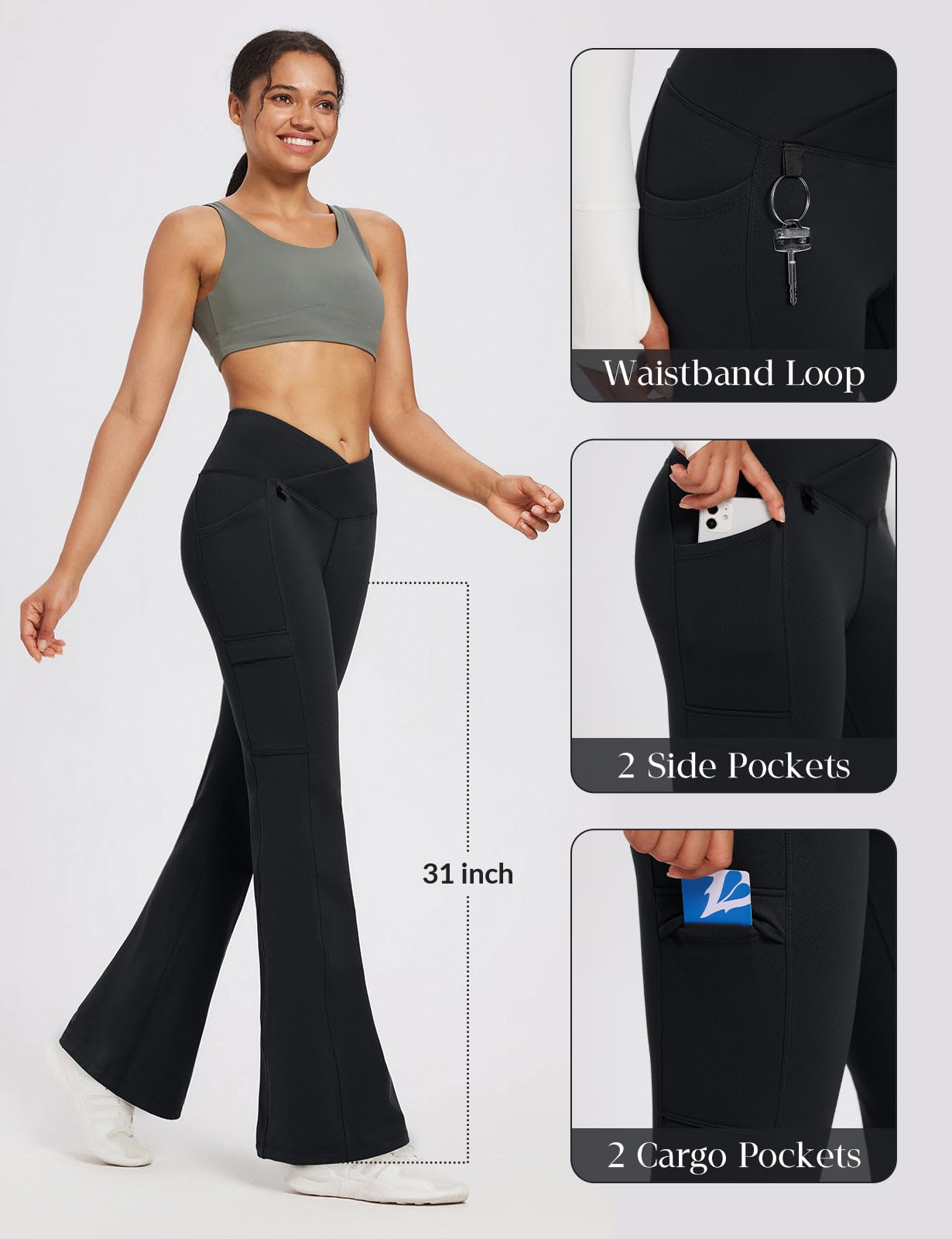 BALEAF Pantalones de invierno con forro polar para mujer, térmicos, cálidos, acampanados, pantalones de yoga cruzados, parte inferior acampanada con bolsillos | Cintura cruzada en V, 2 bolsillos laterales, forro polar suave, no transparente, adecuado para