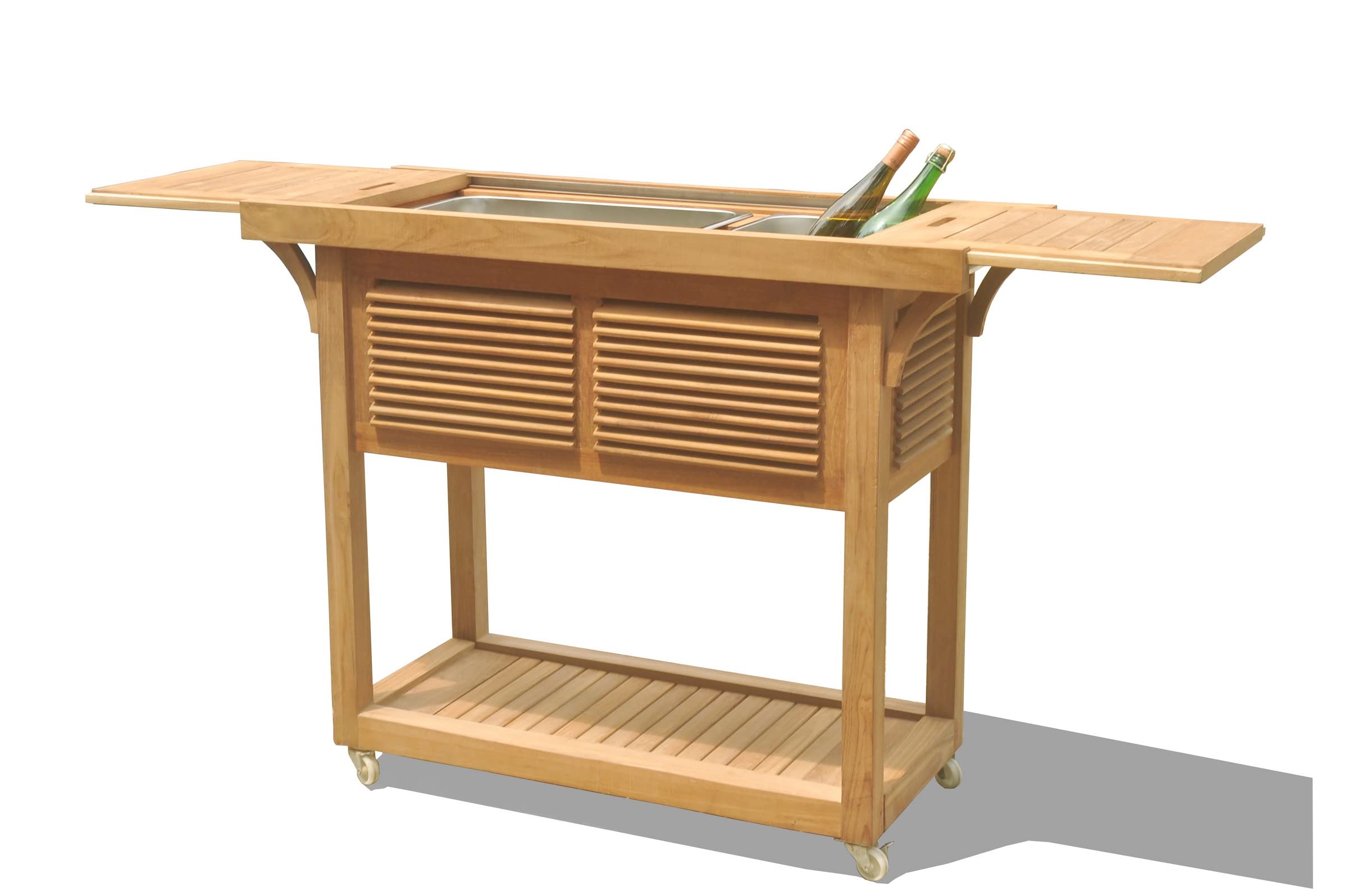 WholesaleTeak Grade A Teak Wood Outdoor Patio Solvang Teak Bar Cart with Extendable Beverage Tub #17SoC