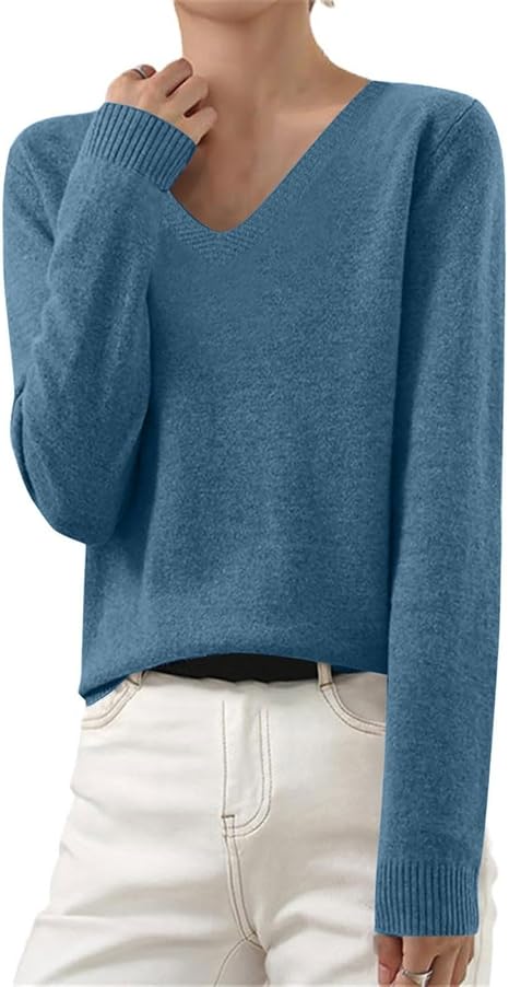 OIOLOYJM Fall Cashmere Sweaters for Women 2025 V Neck Long Sleeve Tops Lightweight Knitted Pullovers Merino Wool Sweater