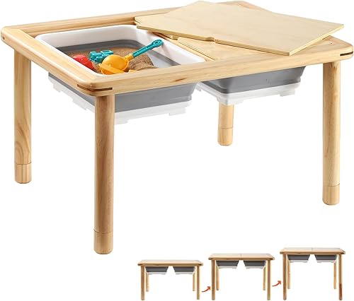 Miniatura 1 de FUNLIO Mesa sensorial de madera con 2 contenedores para niños pequeños de 1 a 5 años, mesa sensorial para niños de 3 niveles de altura ajustable con