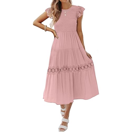 ZESICA Women's 2024 Casual Crew Neck Flutter Sleeve Smocked High Waist Hollow Out Lace Trim Tiered A Line Midi Dress