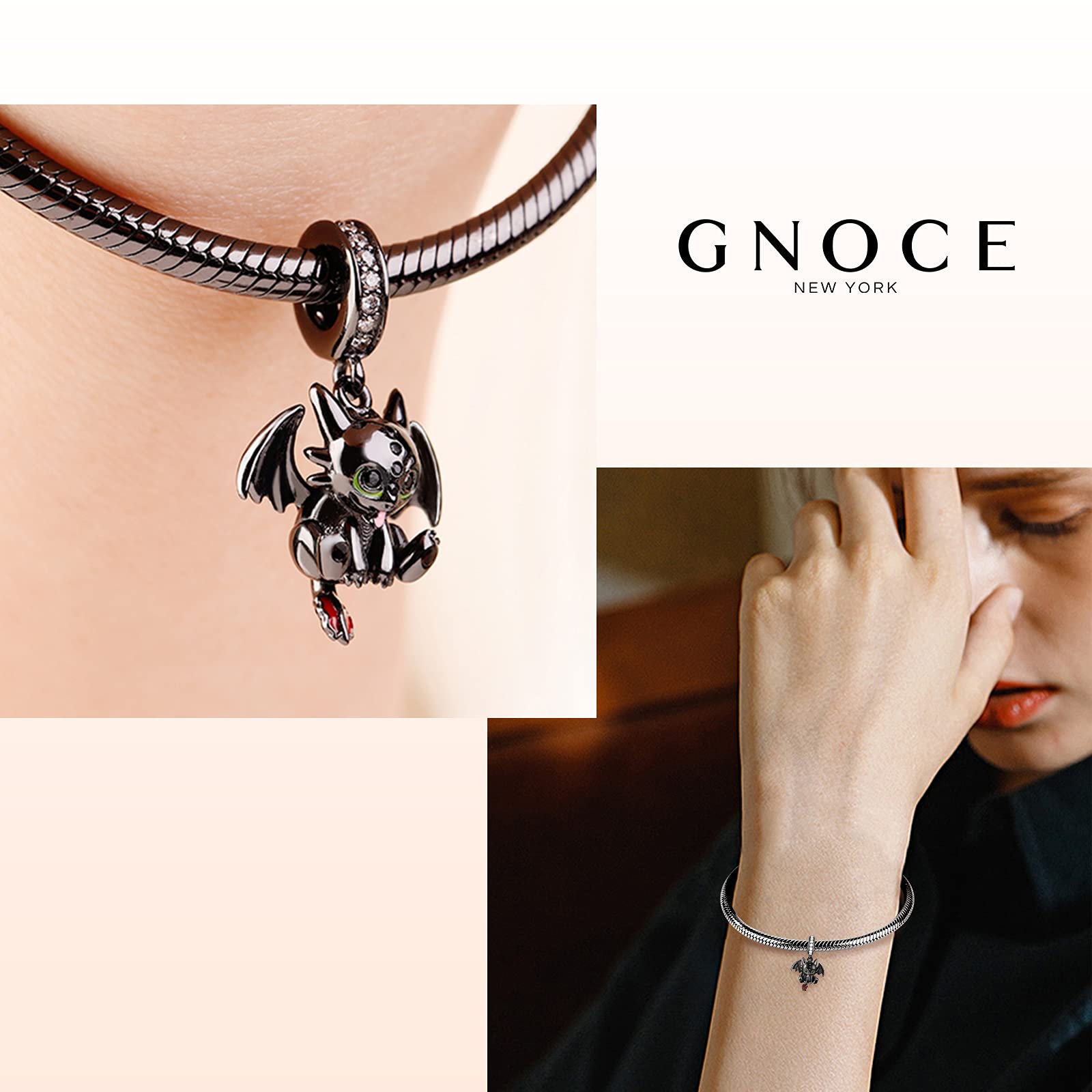 GNOCE Schwarz Drachen Charm Anhänger S925 Sterling Silber Charm Perlen für Armband Halskette Schmuck Geschenk für Damen Herren