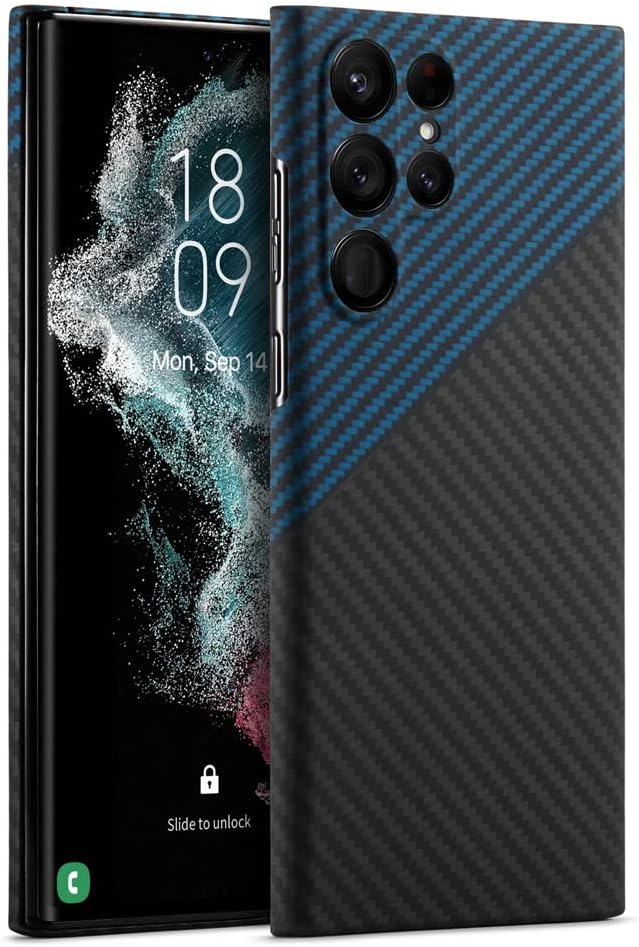 GIMENOHIGSlim and Lightweight Aramid Carbon Fiber Case for Samsung Galaxy S24 Ultra, Camera Full Cover Protection (Blue Black)