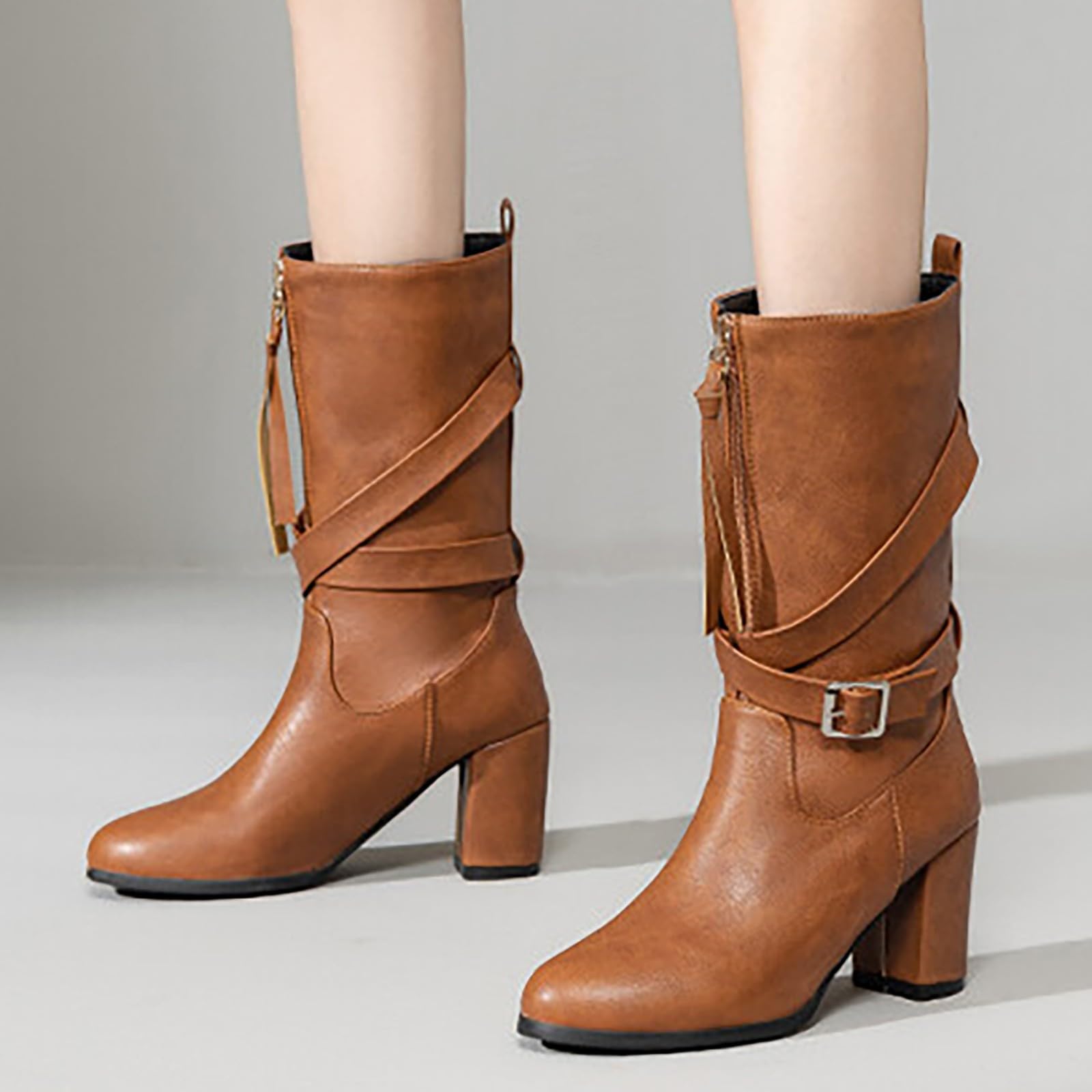 Stivali alti da donna Scarpe invernali in pelle calda Stivali da equitazione bassi con tacco confortevole Fibbia casual a gambo lungo tinta unita comodi Stivali da donna al ginocchio