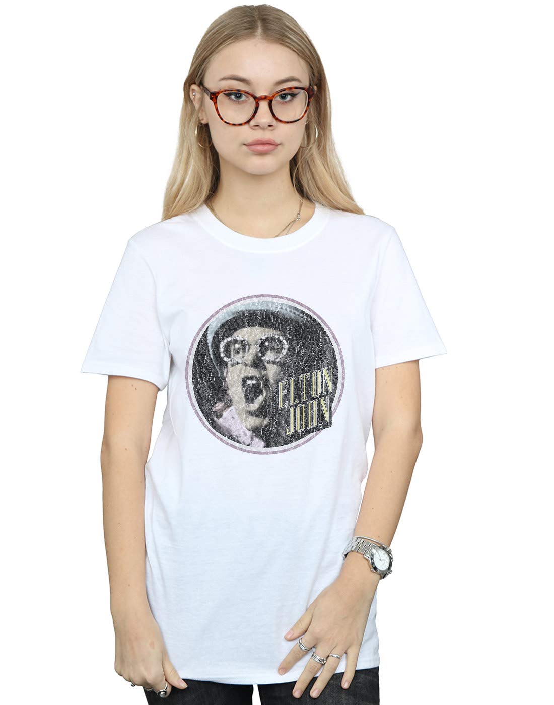 Absolute Cult Women's White Elton John Vintage Circle Boyfriend Fit T-Shirt Small