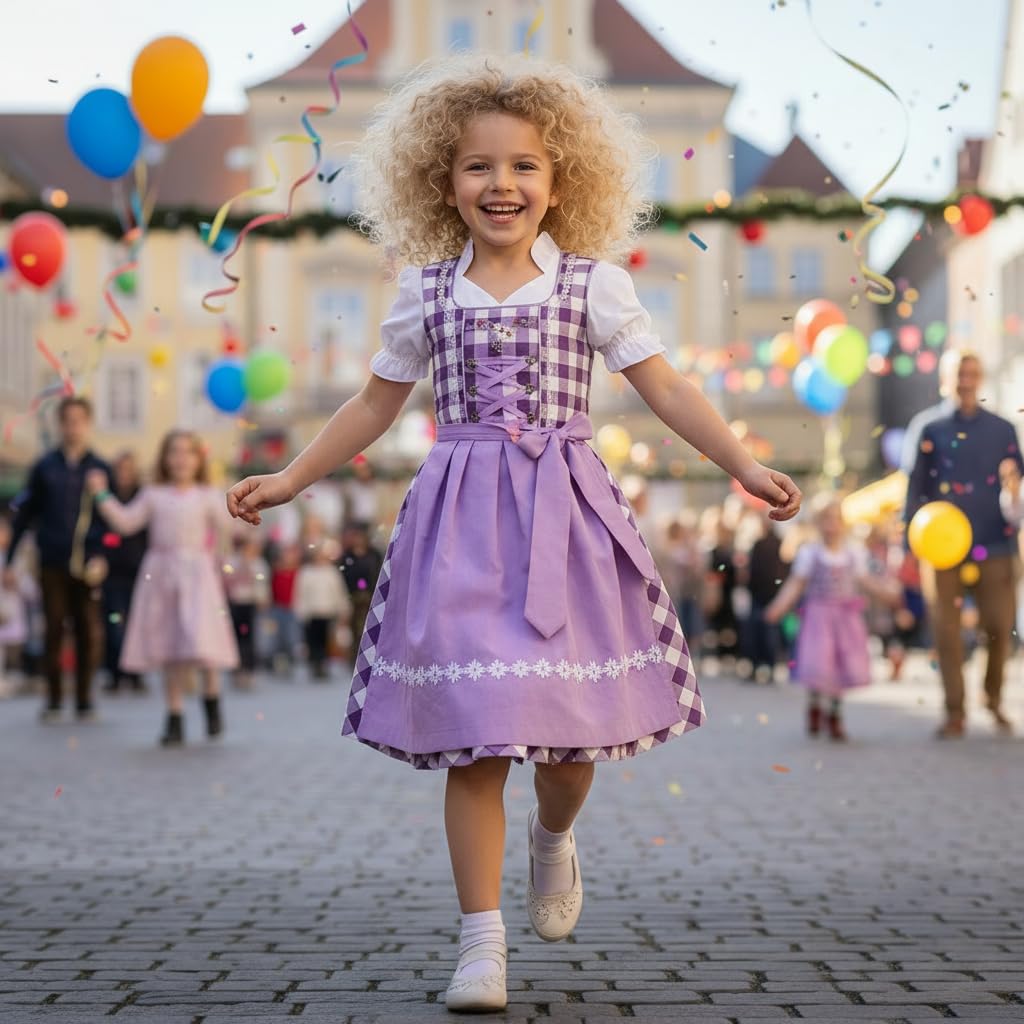 Mädchen Dirndl Set 3-teilig Klassisches Kinder Trachtenkleid mit Bluse & Schürze – Oktoberfest/Festlich – 92–152
