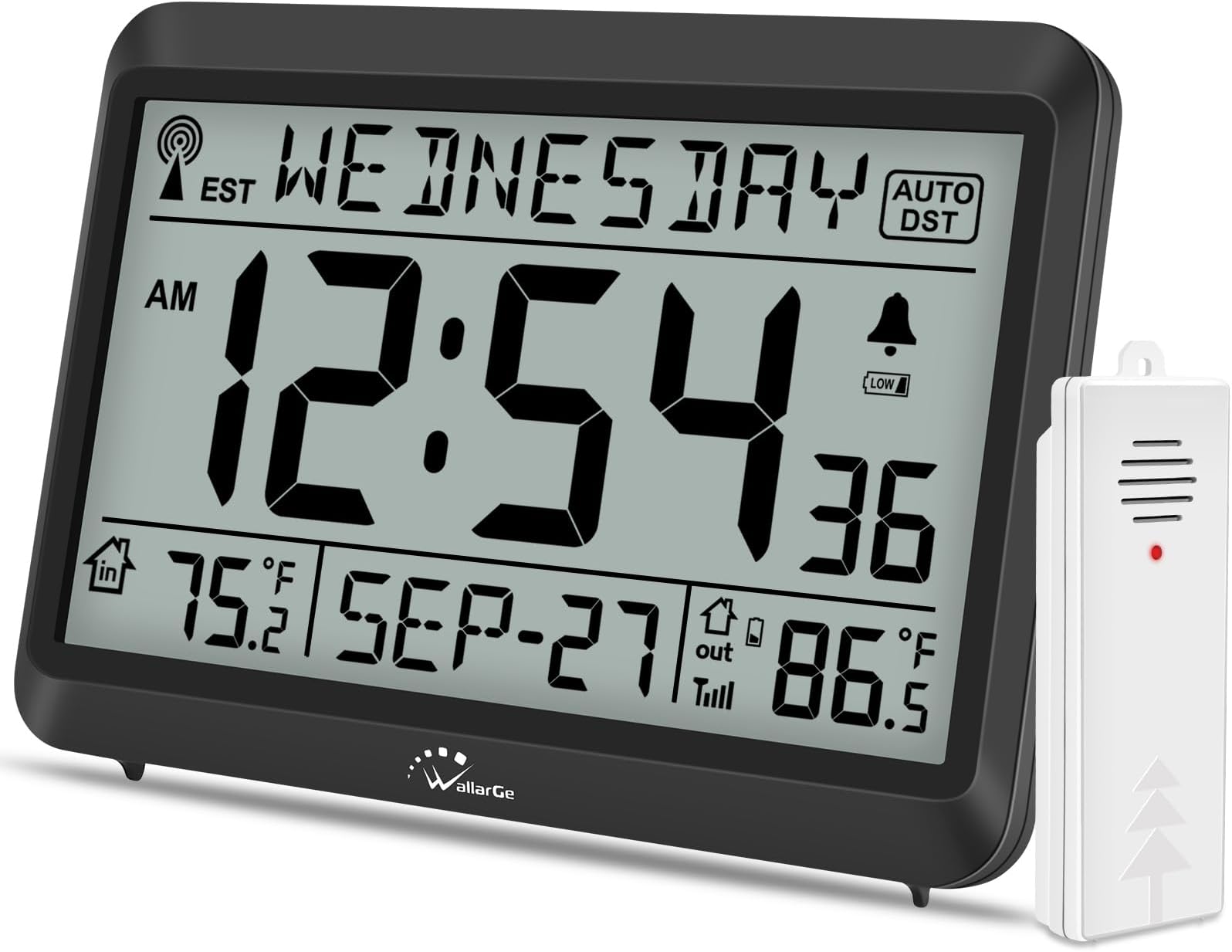 WallarGe Atomic Clock with Indoor Outdoor Temperature, Self-Setting Digital Alarm Clock Battery Operated, 4 Time Zones, DST