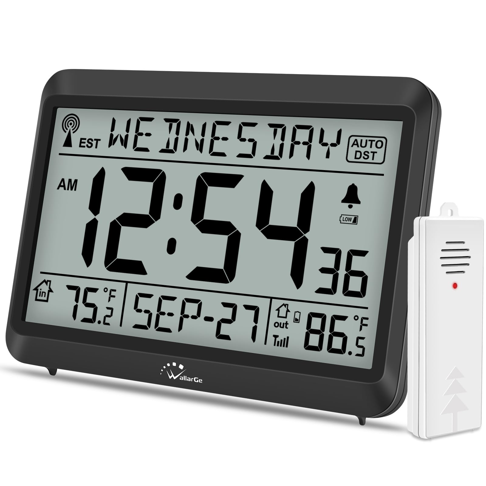 WallarGe Atomic Clock with Indoor Outdoor Temperature, Self-Setting Digital Alarm Clock Battery Operated, 4 Time Zones, DST
