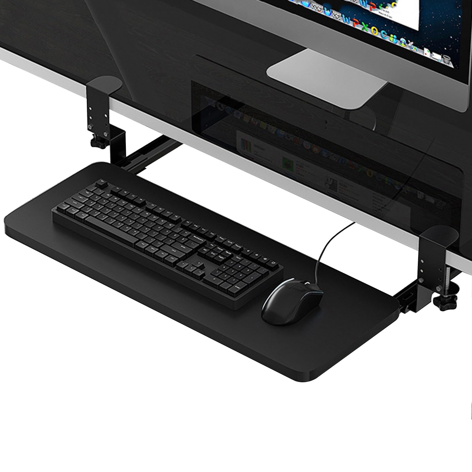 Wooden Adjustable Keyboard Tray Under Desk, Slide Out Keyboard & Mouse Platform Tray, C-Clamp Pull Out Computer Keyboard Drawer for Typing Home Office Desk(Style 1)