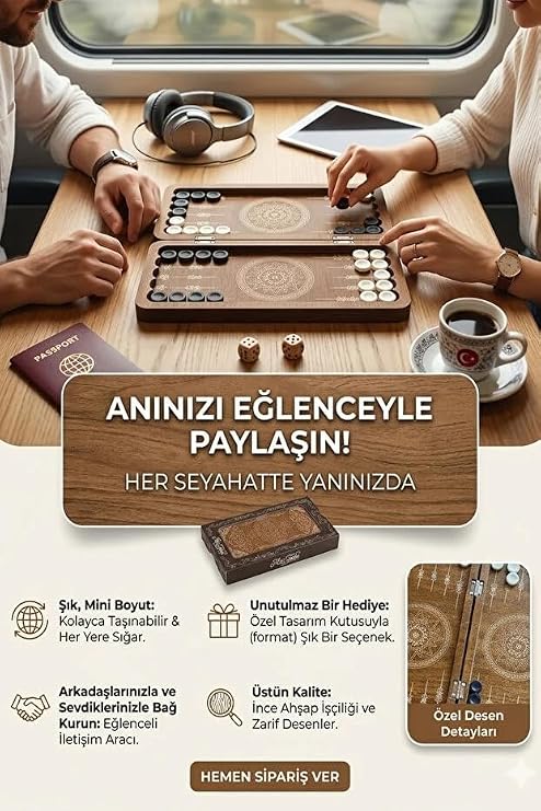 Mini Tavla Seti Kompakt Taşınabilir Çantalık Ceviz Renk Eskitme Stil Tavla Hediyelik 2 Adet Tabak Altlığı