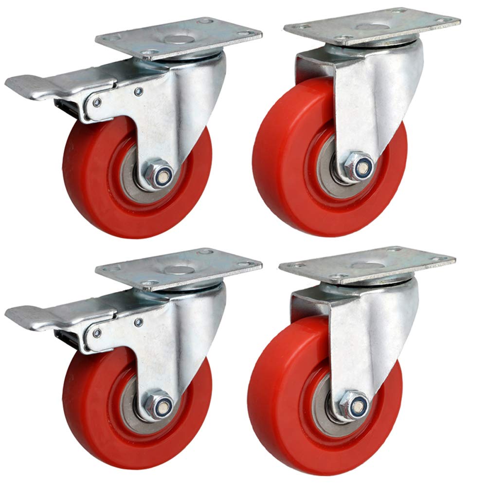 GBRJUYF Heavy Duty 4" Caster Wheels Set of 4 with Brake - Industrial Rubber & PU Swivel Plate, 360kg Capacity, Silent for Office Tables & Workbenches