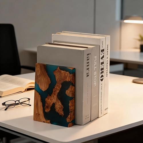 Miniatura 4 de Sujetalibros que brillan en la oscuridad, extremos de libro luminosos azules con madera y resina de Burl, carpeta decorativa para libros y