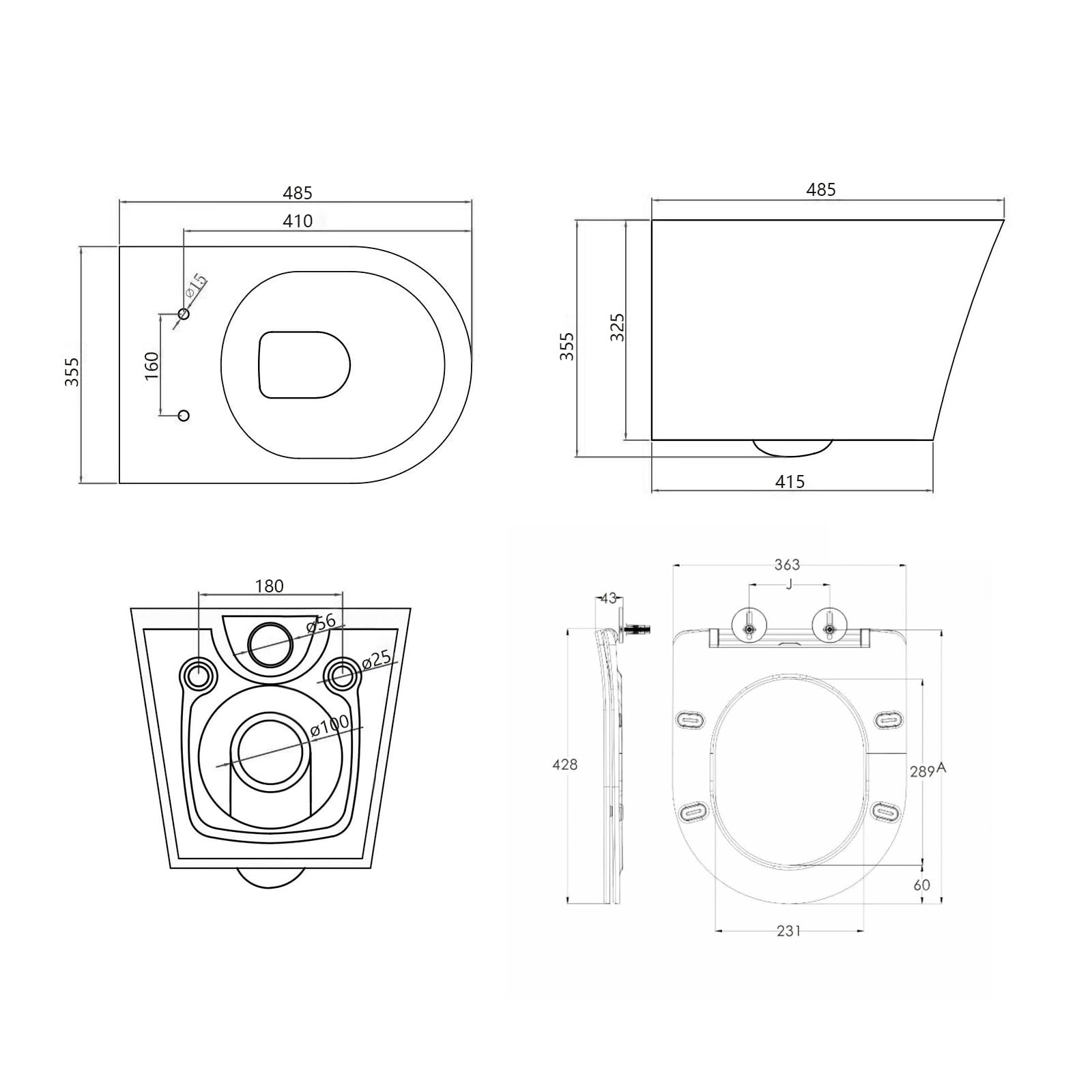 Wisząca WC na ścianie, matowa czerń, z wolnoopadającą deską klozetową, ceramiczna z powłoką nano - jednootworowa spłuczka superspinowa - 48,5 × 35,5 × 35,5 cm