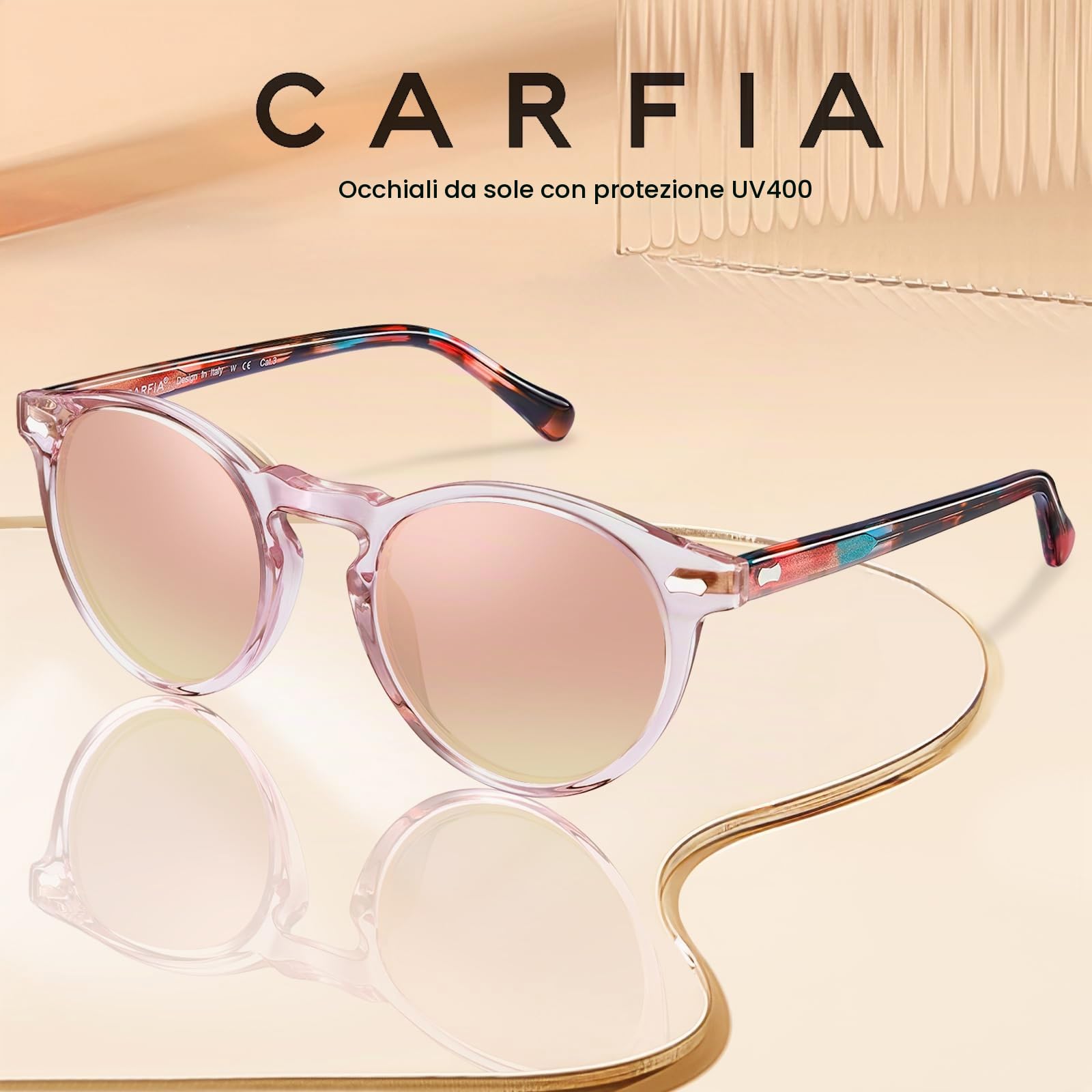 Carfia Retro Rotondi Occhiali da Sole da Donna Polarizzati UV400 CA5288C | Telaio Rosa Trasparente Lente Rosa, lenti HD antigraffio, blocca il 100% dei raggi UVA/UVB/UVC, Montatura in acetato