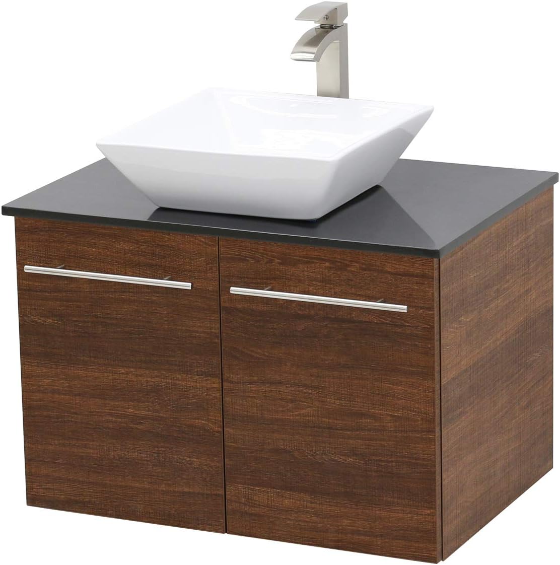 Wall Mount Floating Bathroom Vanity Sink Set. Rustic Brown Vanity, Black Flat Stone Countertop Ceramic Sink - 30"