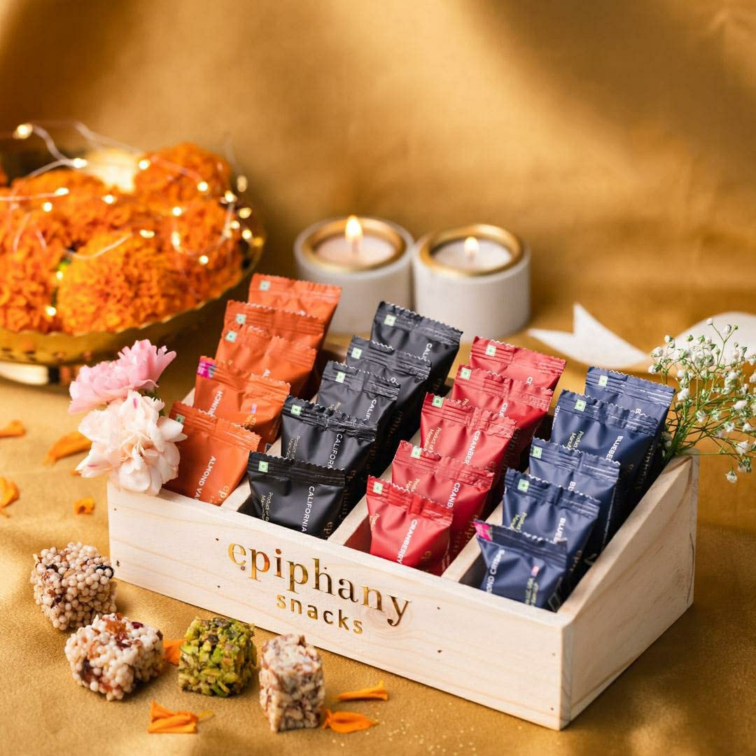Epiphany Dry Fruits Festive Mini Gift Set Pack of 4 Almond Vanilla , Cranberry Almond , Blueberry Almond , California Pistachio Energy Bar Dry Fruits Crunch Chikki Healthy Food Hamper-image-28