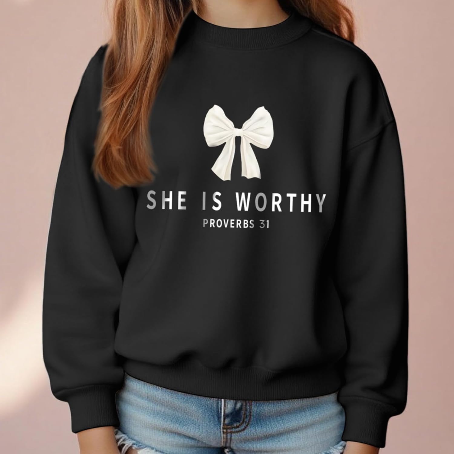 KEEVICI Girls Christian Bow Graphic Sweatshirt Cute Jesus Sweatshirts For Kids Religious Bible Verse Faith Long Sleeve Shirts - Image 2