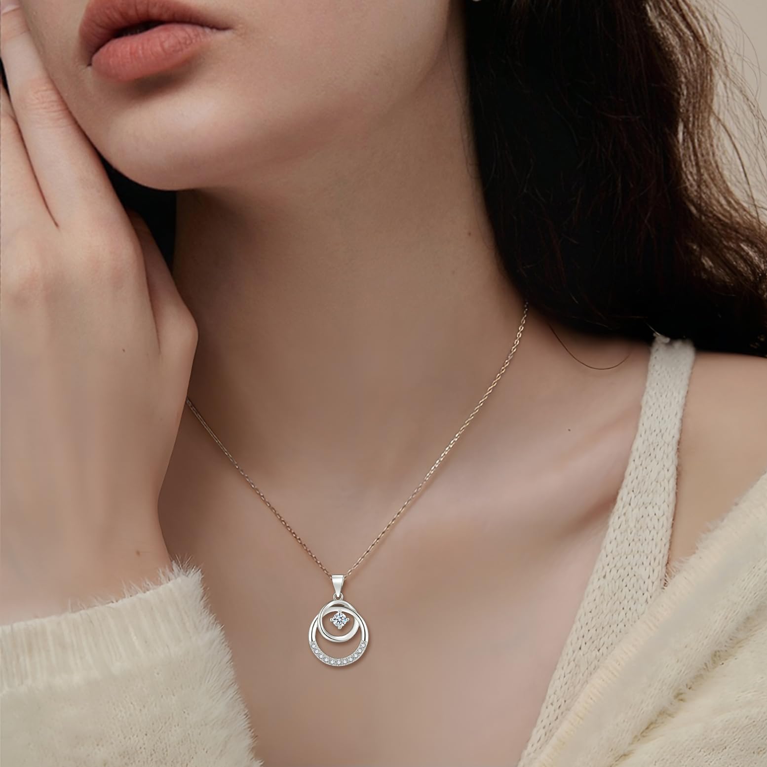 Schmuckset Silber 925 Damen, 925 Sterling Silber Halskette & Ohrstecker Set mit Cubic Zirkonia, 45+5cm Silberkette mit Anhänger, 11mm Silber Damen Ohrstecker, Geburtstag Geschenk für Frauen