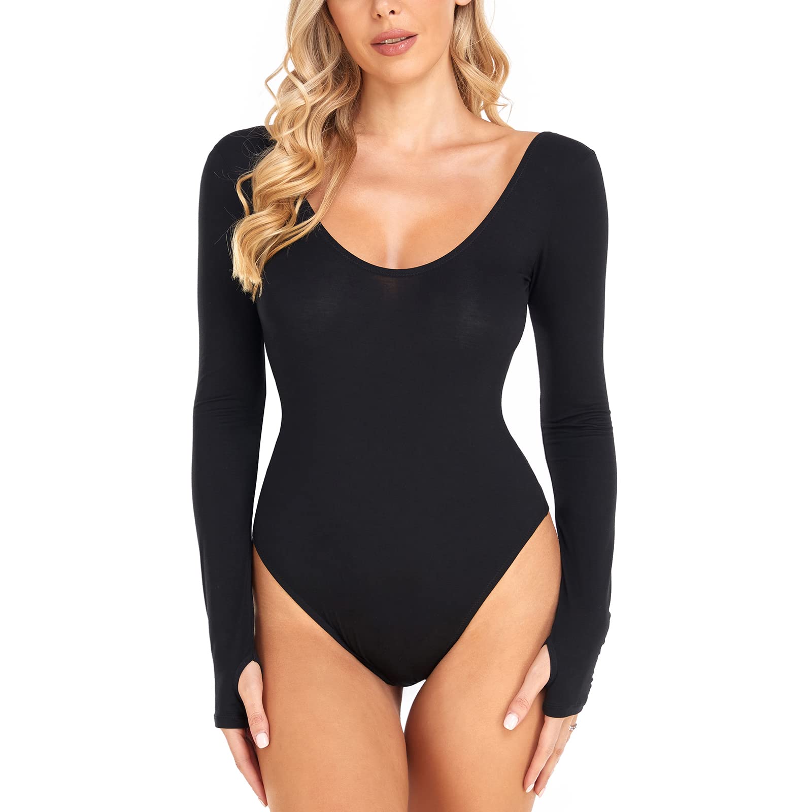 MisslinlinWomen's Essential bodysuit Backless Slimming Bodysuit Black Basic leotards