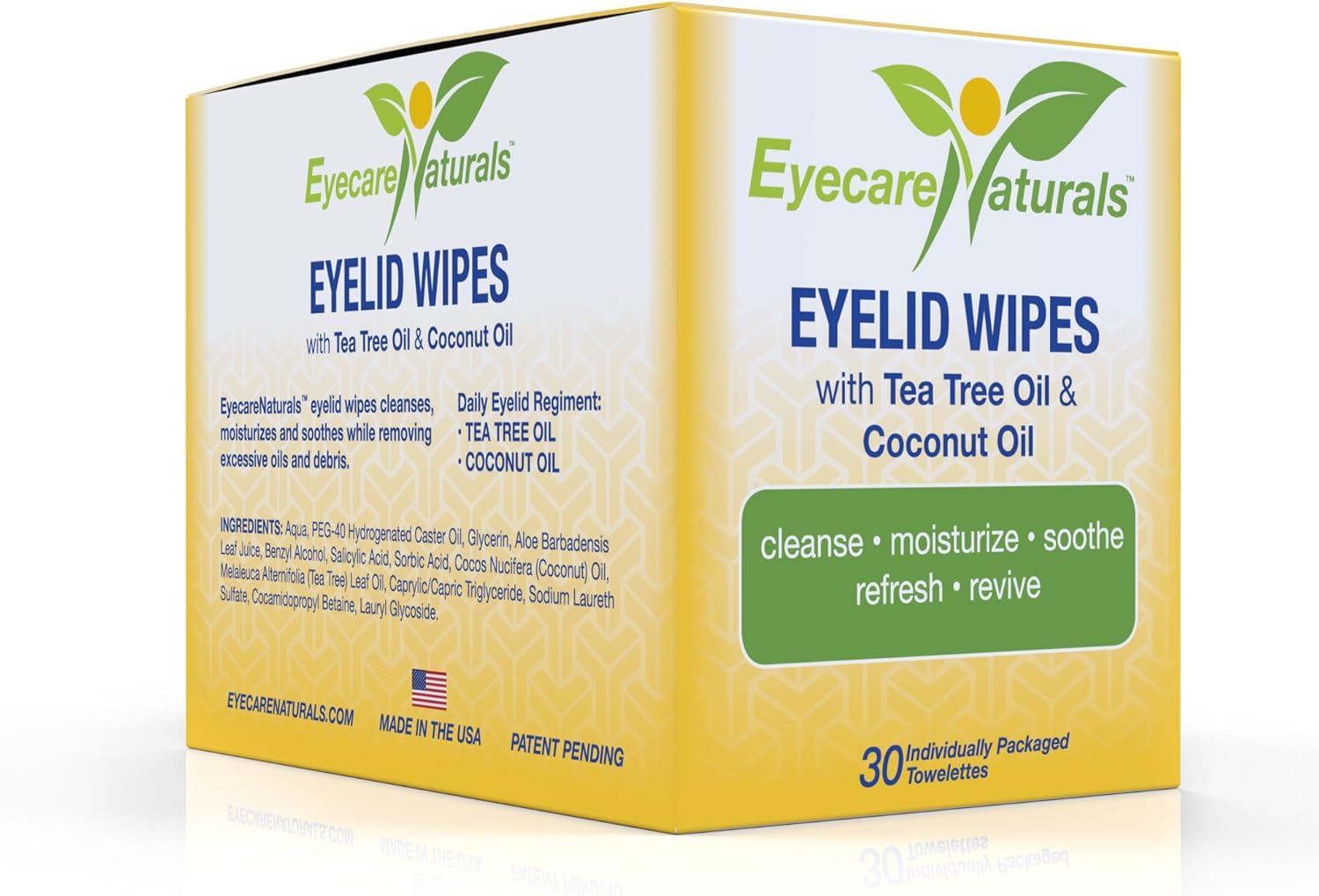 Eyecare Naturals Tea Tree Oil Eyelid Wipes with Coconut Oil - Dry Eye Wipes No Rinse, Natural Essential Oil Cleansing Eye Wipes - Daily Eyelid Makeup Remover - Box of 30 Individually Wrapped Wipes