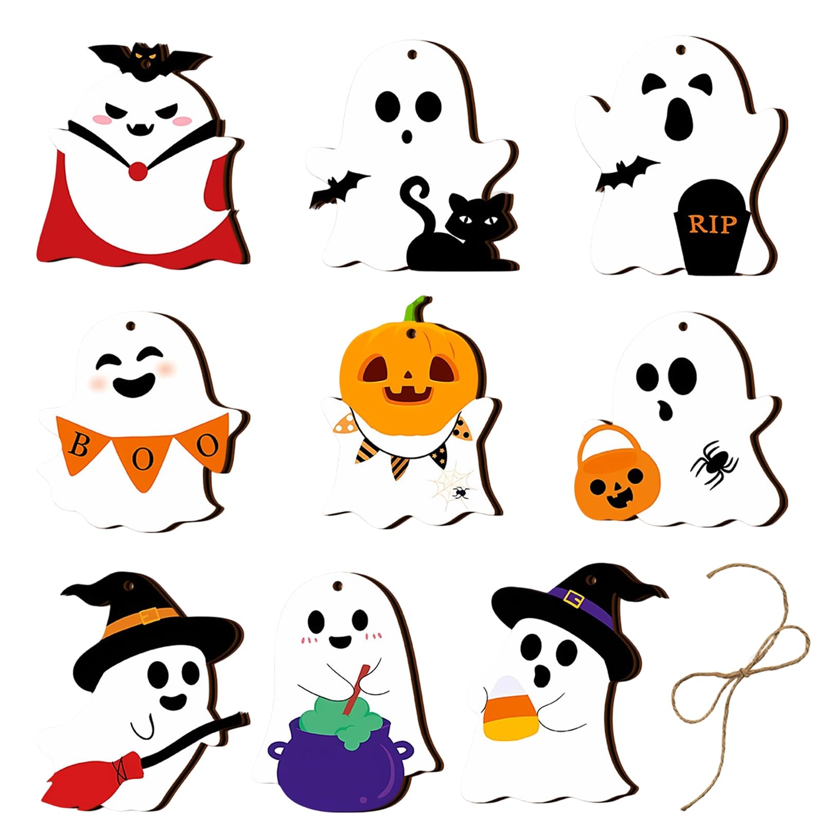 Virelynx Halloween Ghost Wooden Hanging Sign Set, Cute Pumpkin Pendant Decorations with Hemp Rope for Home Wall Door Party Decor,Holiday Ornament J