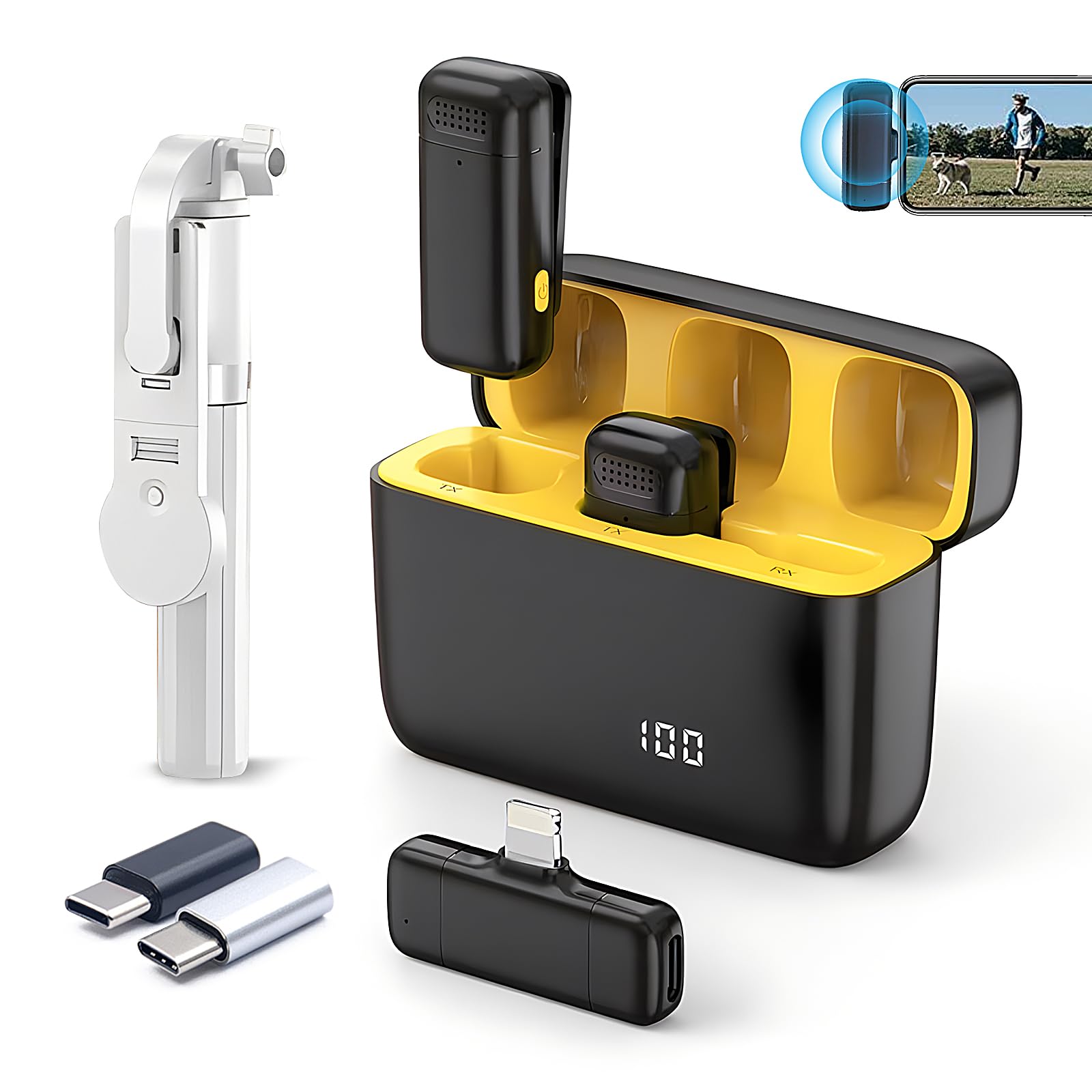 Wireless microphone, noise-cancelling recording microphone (with charging box), plug-and-play microphone for iPhone series, laptops, YouTube & Facebook, (+Bluetooth LED tripod)