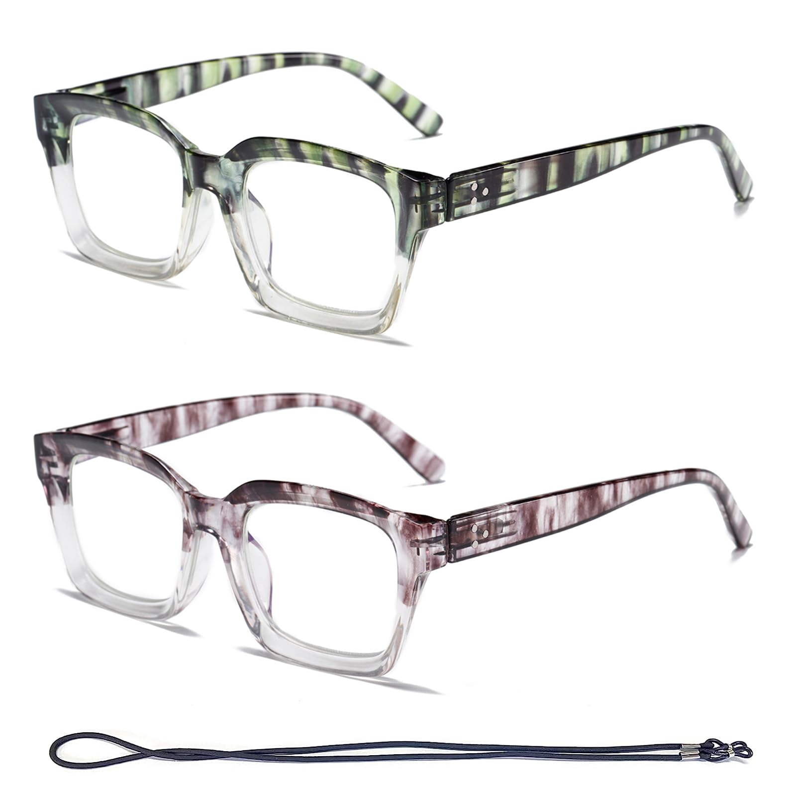 Hubeye 2 pares Gafas de lectura cuadrados de montura grande para mujer y hombre bisagra de resorte Anteojos de lectura de gran tamaño anti luz azul con funda de tela 3.50