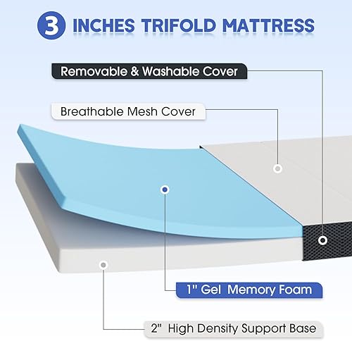 Miniatura 3 de Colchón plegable de espuma viscoelástica de 3 pulgadas, colchón triple plegable con funda de malla lavable, cubrecolchón portátil con parte inferior