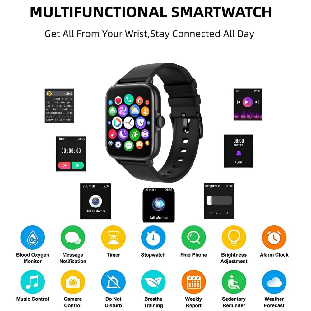 Sport Smartwatch Uomo Donna,1.7" Orologio Smartwatch con Bluetooth chiamata/pedometro,Monitoraggio Sonno/SpO2/Pressione Sanguigna/Frequenza Cardiaca,IP67 Sportive Fitness Tracker per iOS/Android,Nero