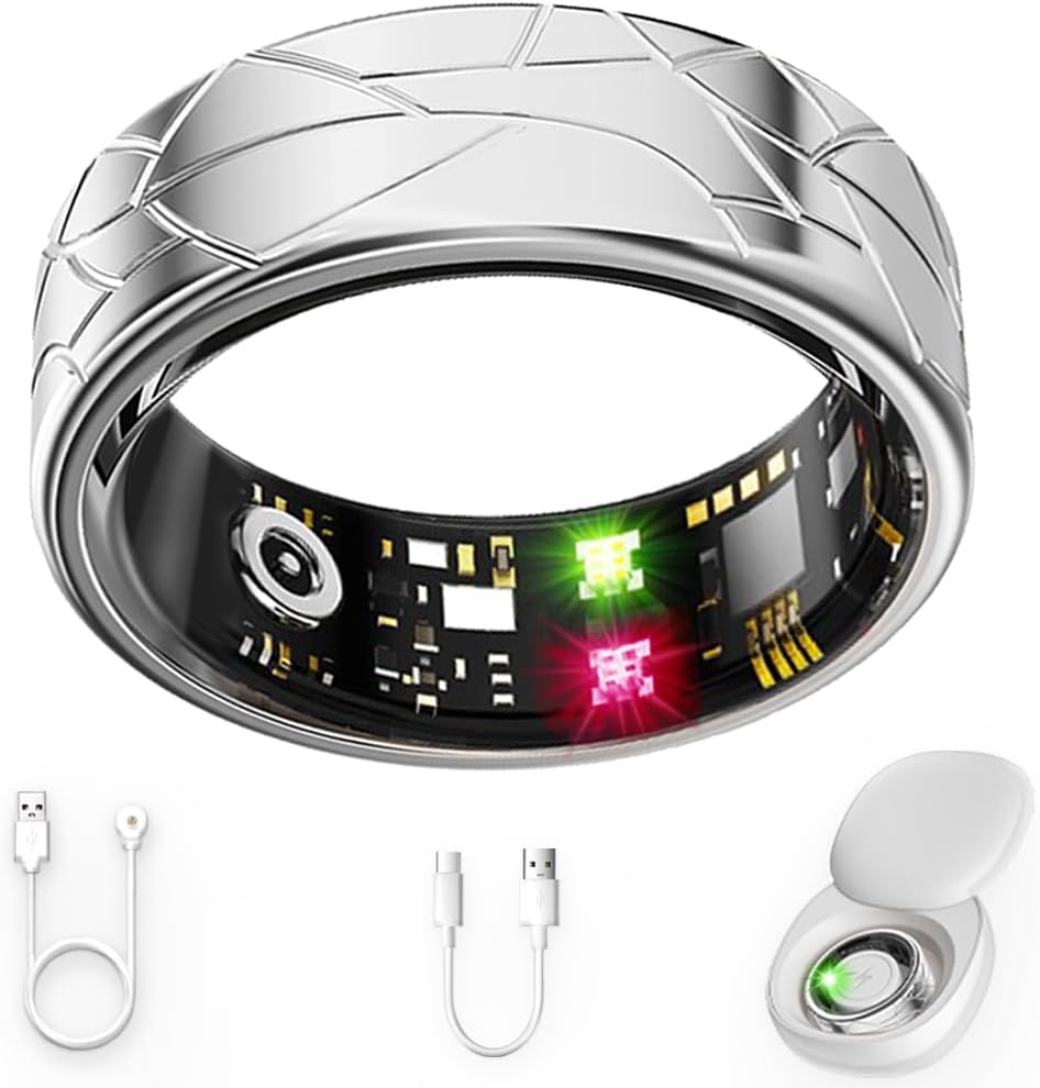 Smart Ring Fitness Tracker Sleep Tracking Heart Rate Monitor Pedometer, Waterproof Activity Tracker Fitness Ring Steps Counter, Gesture Controls for Short Video, 8 Days Last, Classical Silver, #12