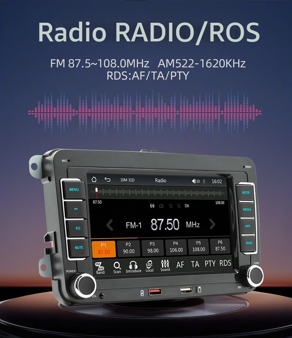 Radio VW con CarPlay Inalámbrico y Android Auto, Pantalla de 7 Pulgadas, Bluetooth, Mirror Link, EQ, Radio FM/Am/RDS SWC, Autoestéreo para VW Passat Golf Polo Caddy EOS Touran Tiguan Jetta Seat Skoda