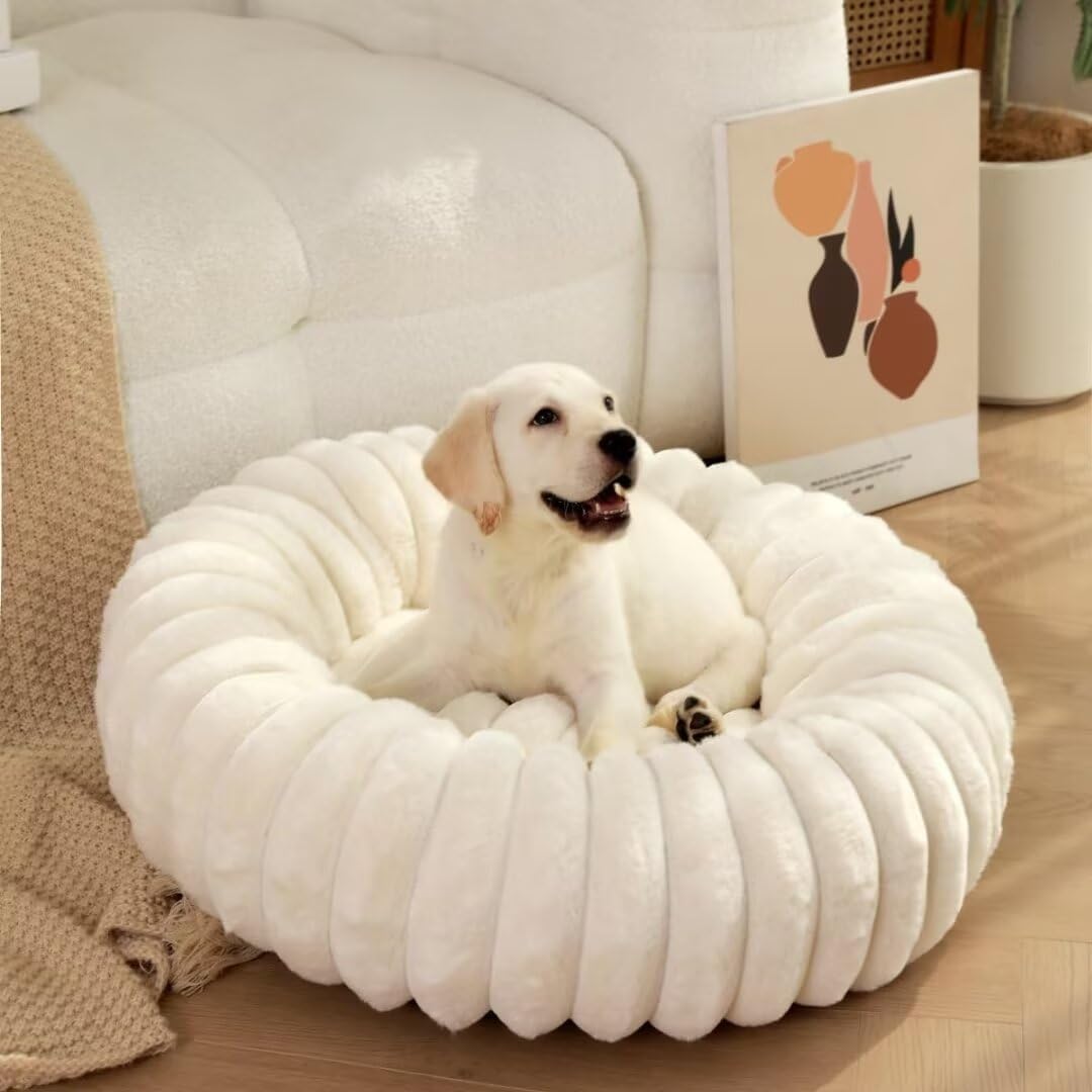 JupiterJX Rabbit Fur Soft Donut Dog Bed, Round Cat Bed Anti Slip Bottom, Fluffy Pet Bed Washable Winter Warm Puppy Beds Sofa Sleeping Cushion For Small Medium Large Dogs (Cream, 50cm)