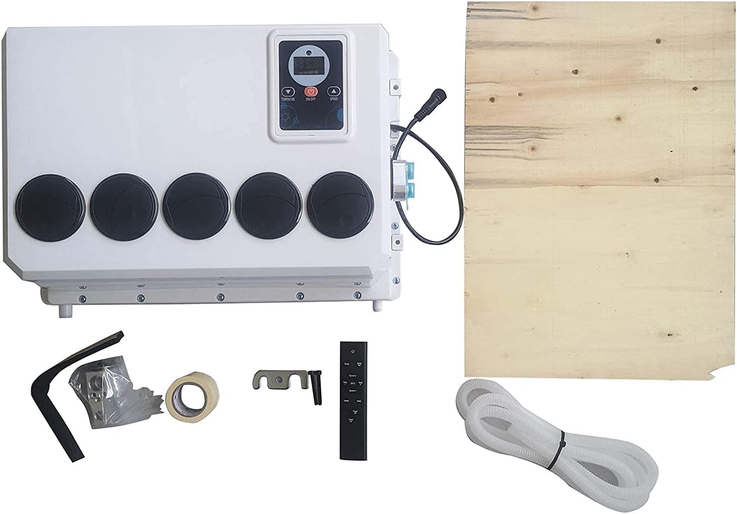 Close-up view of various components included with the air conditioner, such as the remote control, mounting hardware, and drainage hose.