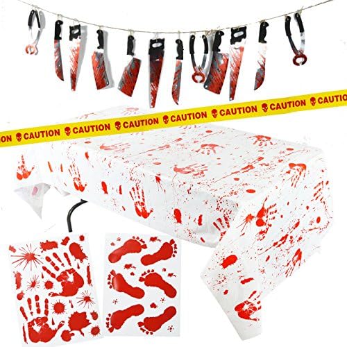 Spooktacular Creations Halloween Party Decoration Set, Including Bloody Tablecover, Weapon Garland, Bloody Clings and Caution Tapes, 5 Piece
