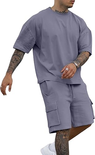 YawYews Conjunto deportivo casual de 2 piezas para hombre, pantalones cortos tipo cargo, para verano, atlético, manga caída, con hombros caídos