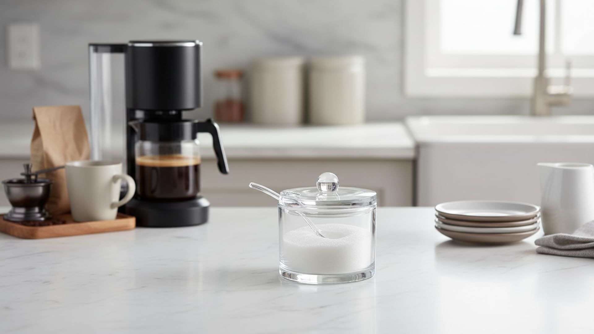 J&M DESIGN Azucarero con tapa y cuchara, recipiente hermético de 8 onzas, soporte acrílico transparente para tarro de azúcar para cafetería, té y horneado