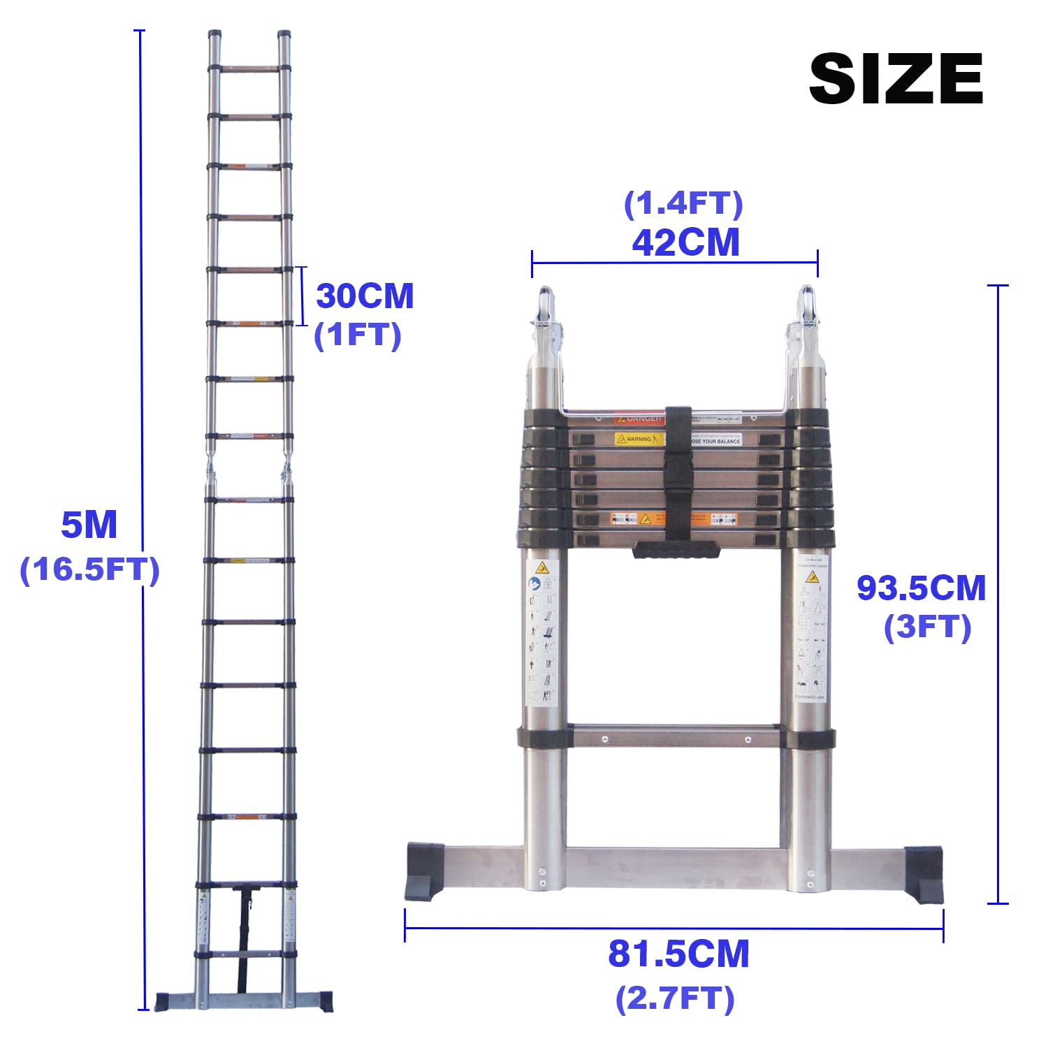 SWANEW - Scala telescopica in alluminio, 2,6 m, allungabile, pieghevole, antiscivolo, multiuso, adatta per la casa, portata massima di 150 kg (5 m, 2,5 +2,5)