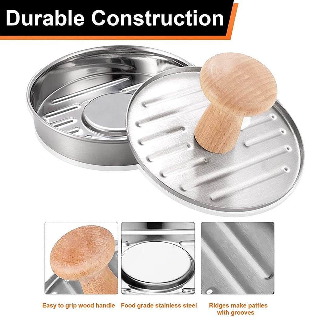 Burger Press, Stainless Steel Hamburger Press Patty Maker, with 100 Wax Paper, 5.2” Non-Stick Burger Press for Making Patties, for Grilling and Cooking, Kitchen Barbecue Tool Grilling Accessories