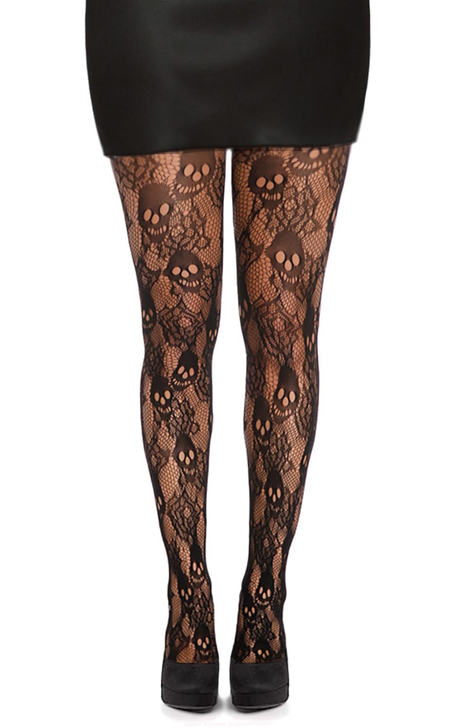 Womens Black Fishnet Patterned Halloween Tights - Various Spider Web Ghost Skull Bone & Bat Prints For Gothic Fashion