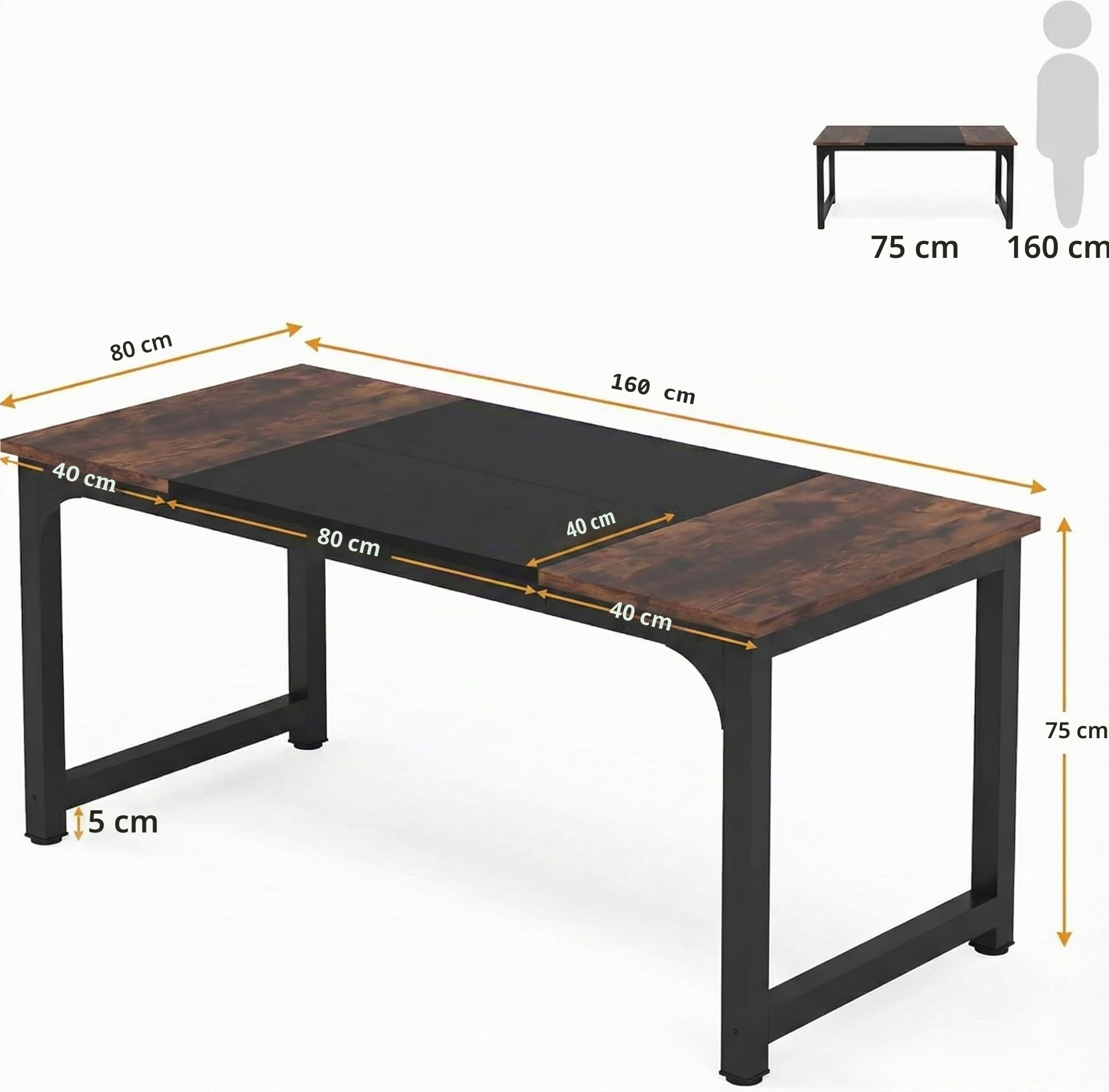 Lailang 160cm Escritorio de Oficina, Mesa portátil Ordenador, Mesa de Trabajo, Escritorio de Madera, Home Office, 160 x 80 x 75 cm, Marrón rústico y Negro