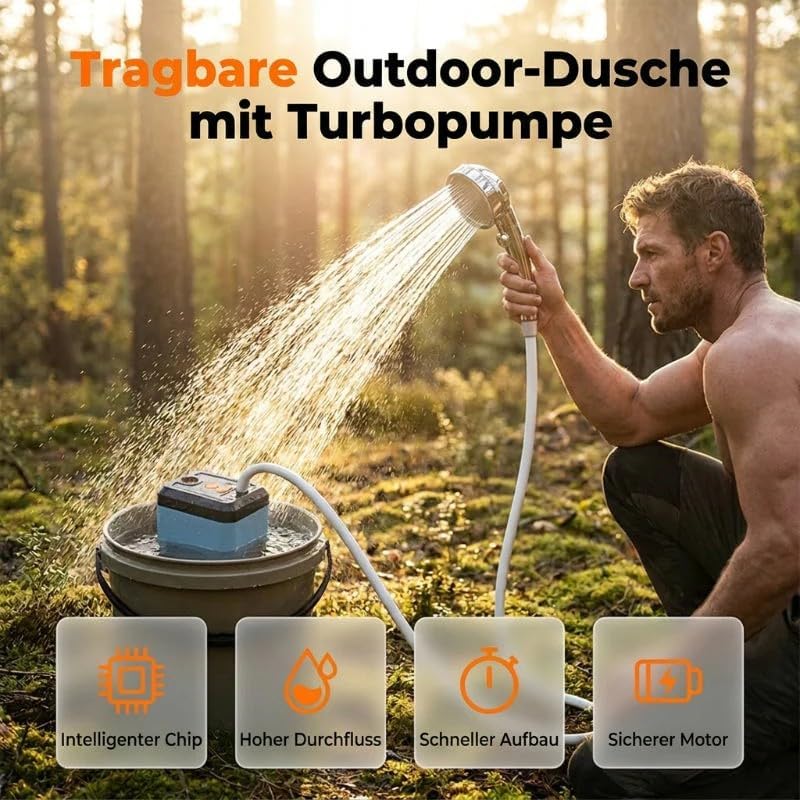 Portable Electric Shower for Camping and Homes - Turbo Water Pump, 3 Flow Spray Modes, Up to 180 Mins Use, LED Battery Display, 2M Explosion-Proof Hose for Camping RV Pet Washing Home