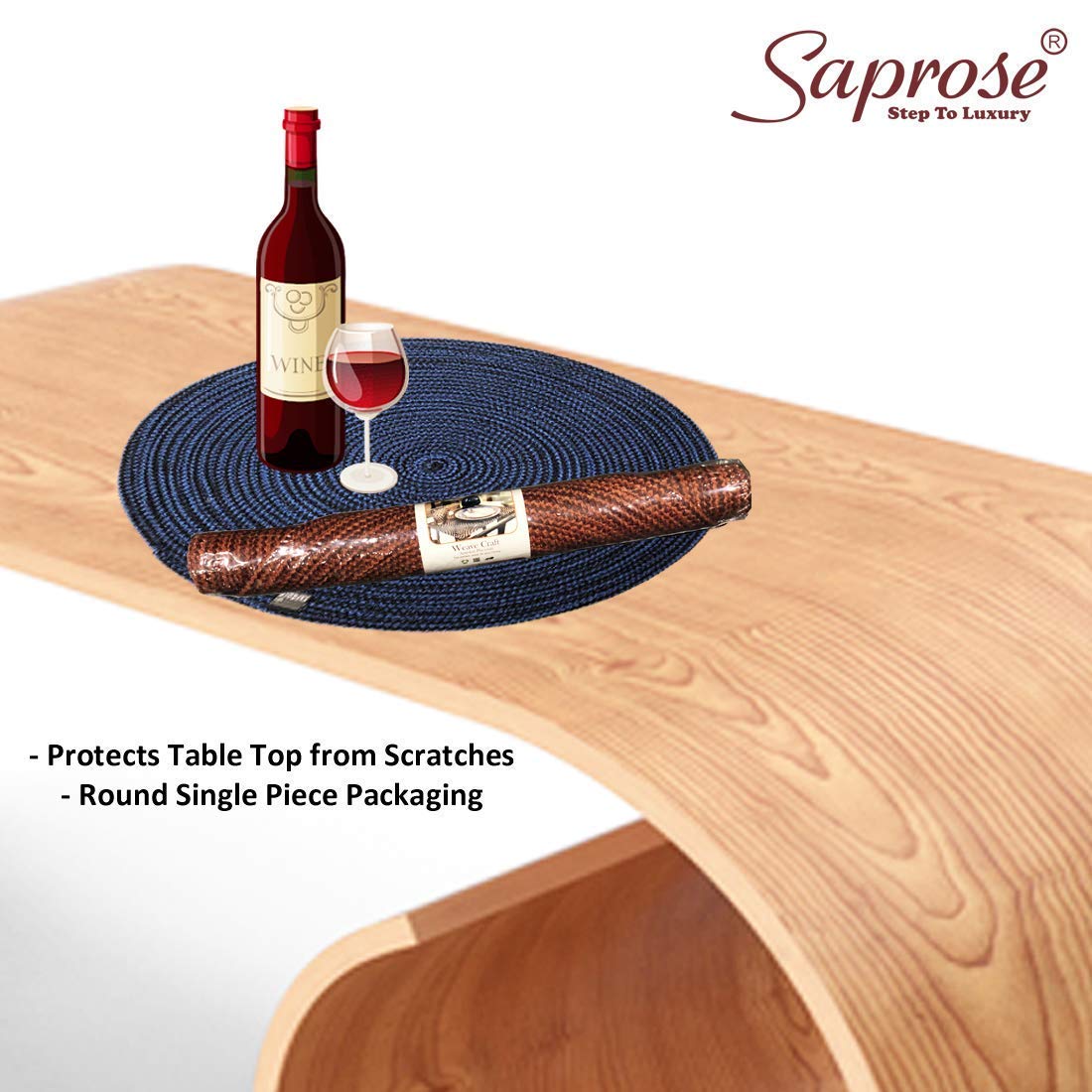 SAPROSE® Polypropylene Multipurpose Braided Round Table Mat (1 PC Pack, 40 cm), Dinning Place mats, Side Table Mat, Doilies, Machine Washable Large Mat for Dining Table (15.5" Dia, Blue-Black) 3