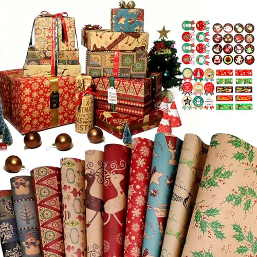 Ensemble Papier Cadeau de Noel Kraft 70X50cm, Bst4U 15 Feuilles Papier Cadeaux Noël Vintage avec 43 Autocollants,Recyclable, Mélange Noel Vintage de 11 Motifs, Pour Emballage Cadeau de Noël